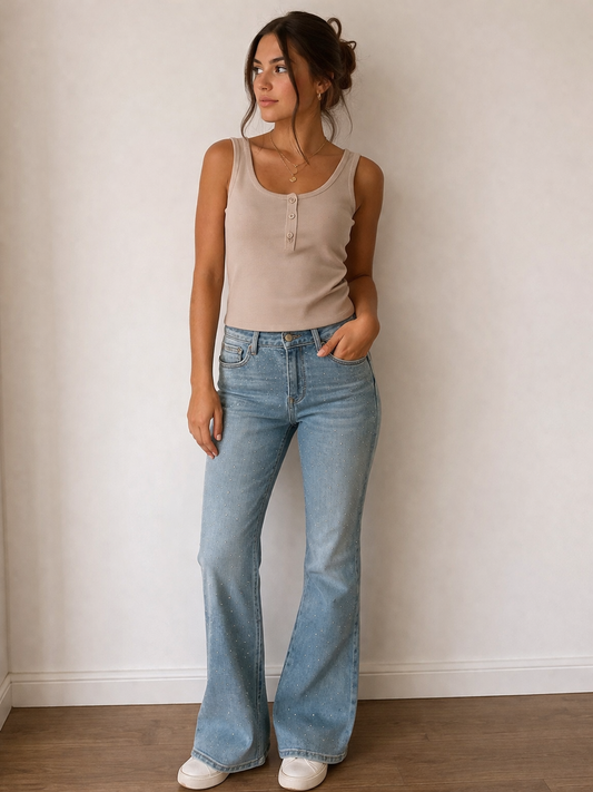Jeans Flare Mujer Denim Azul con Brillos | Pantalón Campana de Tiro Alto
