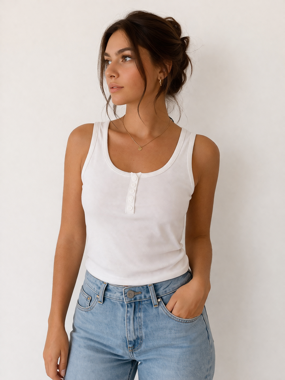Top Canalé Blanco con Botones – Ajuste Slim