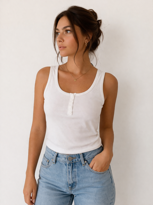 Top Canalé Blanco con Botones – Ajuste Slim