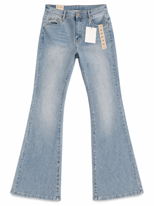 Jeans Flare Mujer Denim Azul con Brillos | Pantalón Campana de Tiro Alto